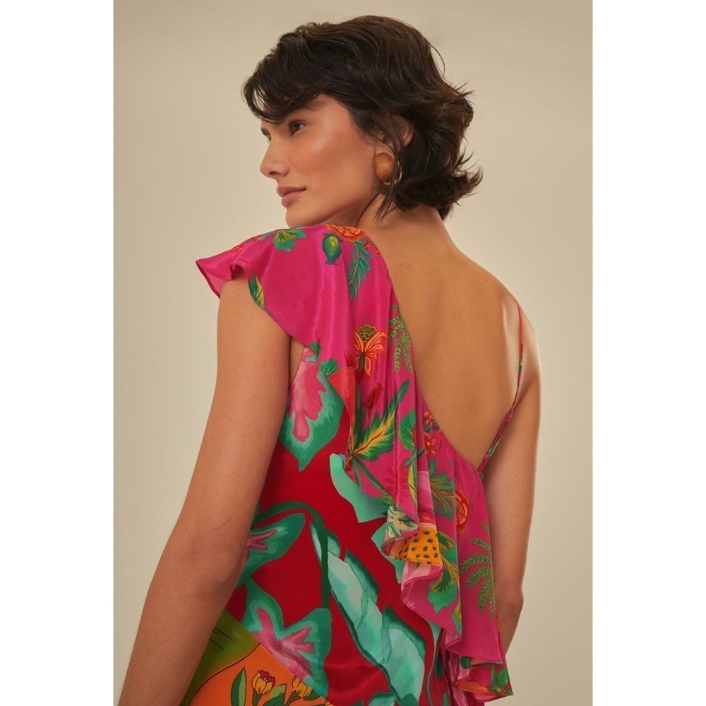 Farm Rio Mixed Flowery Ruffle One Shoulder Midi Dress Tropical Floral Medium - Picture 17 of 17